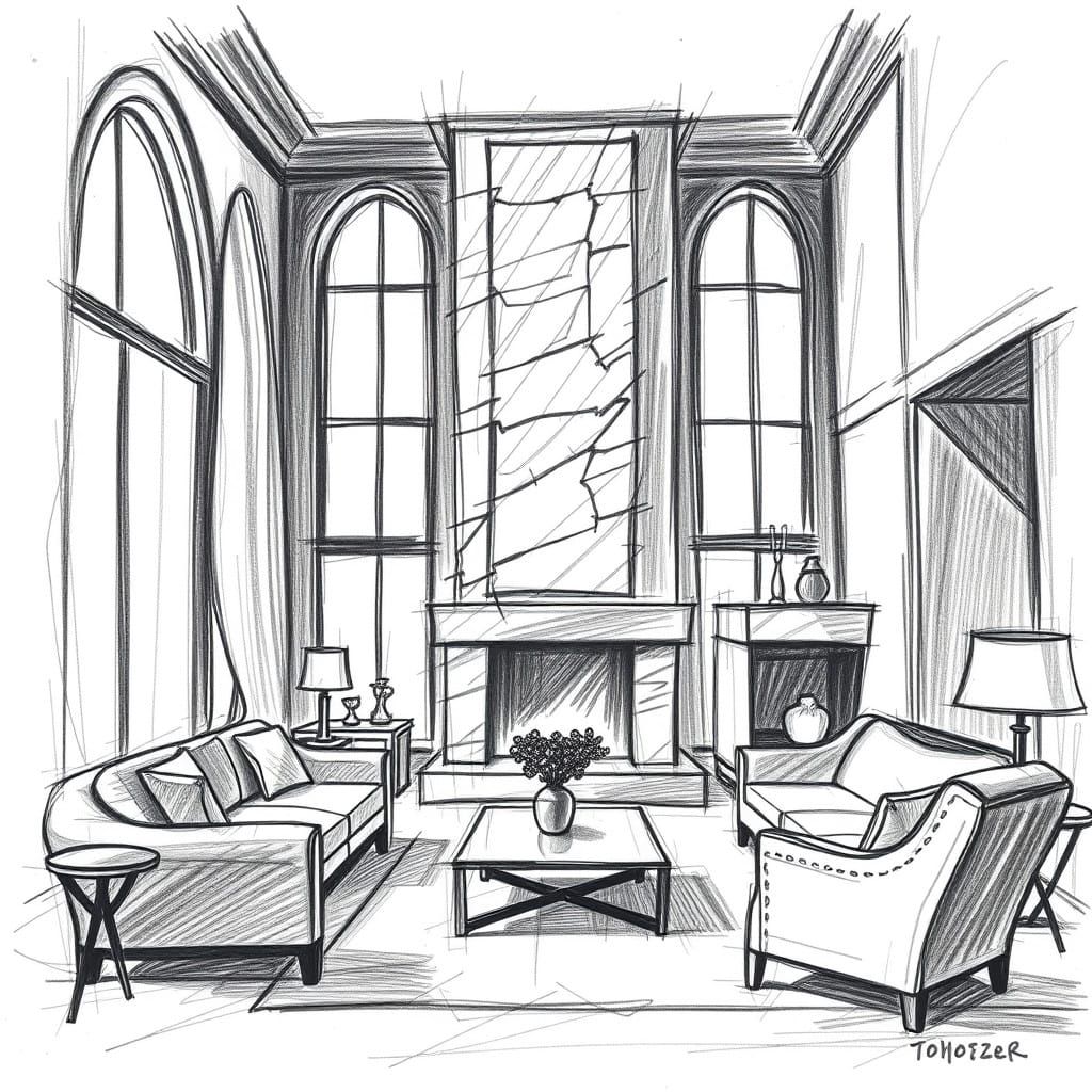 Rough Pencil Sketch of a Grand Mansion Living Room
