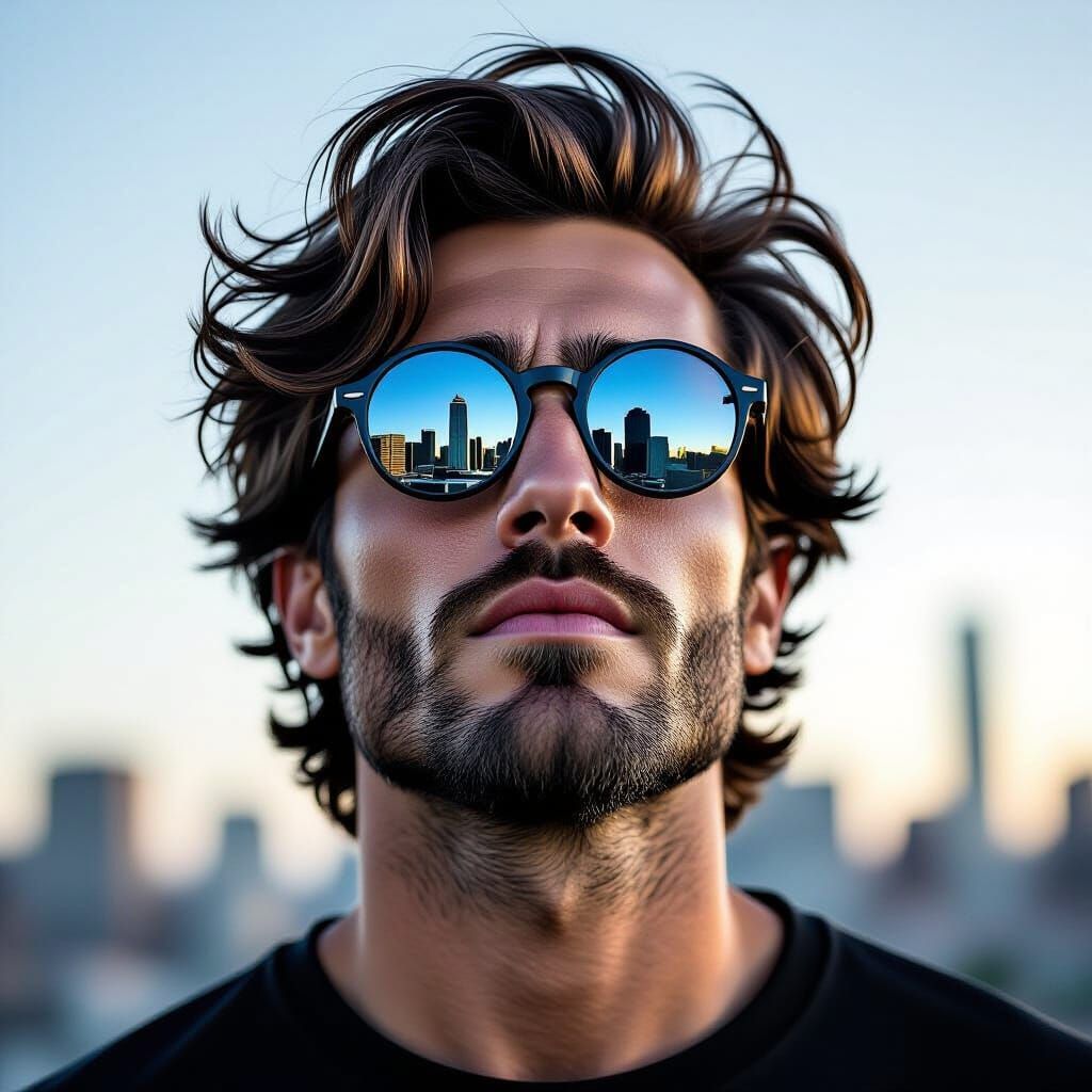 Dramatic Portrait of Man with Reflective Sunglasses