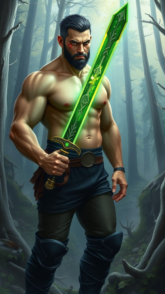 Brawny Man with Magical Sword in Fantasy Forest