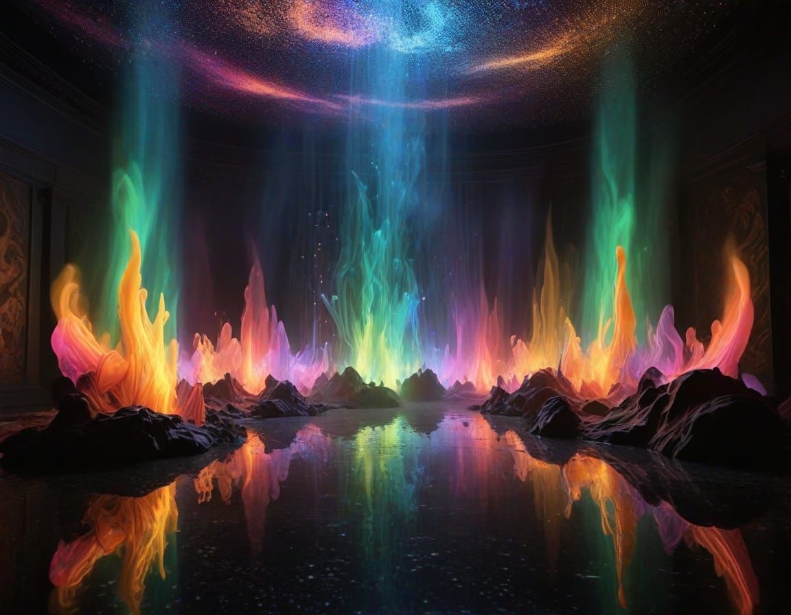 surrounded by a mesmerizingly surreal scene painted with swi...