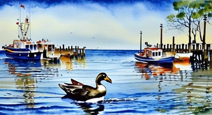 Watercolor Wharf Waterscape with Waterfowl and Waves