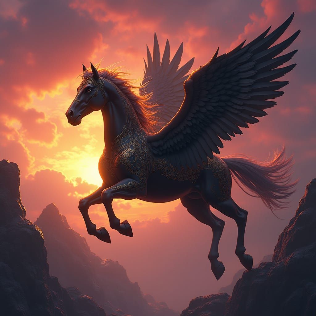 Black and Gold Pegasus Soaring Through Sunset