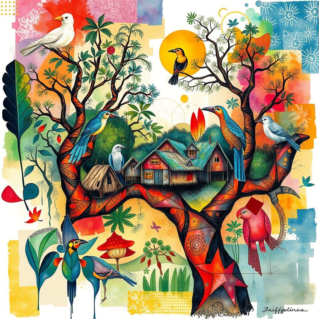 Vibrant Jungle Village in Eclectic Artistic Style