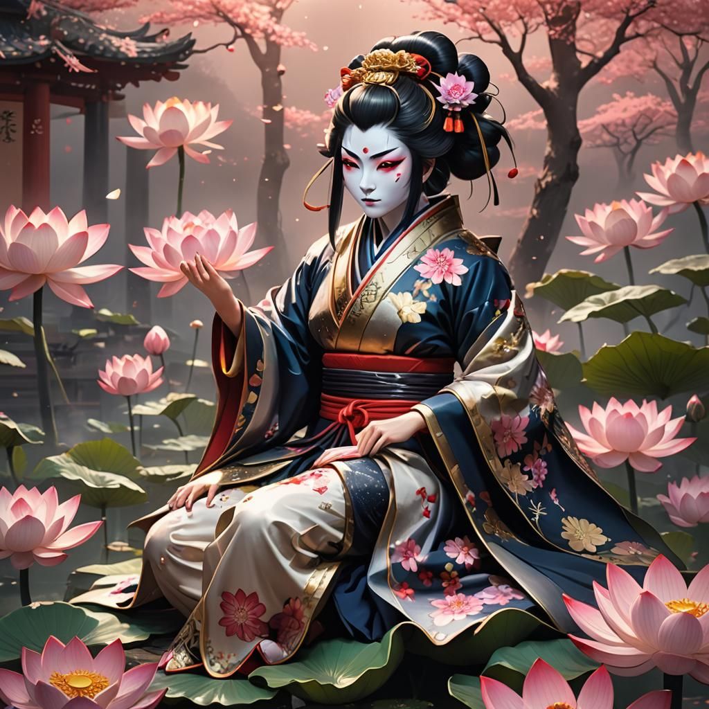 Geisha Ninja on Lotus Flower in Anime Style