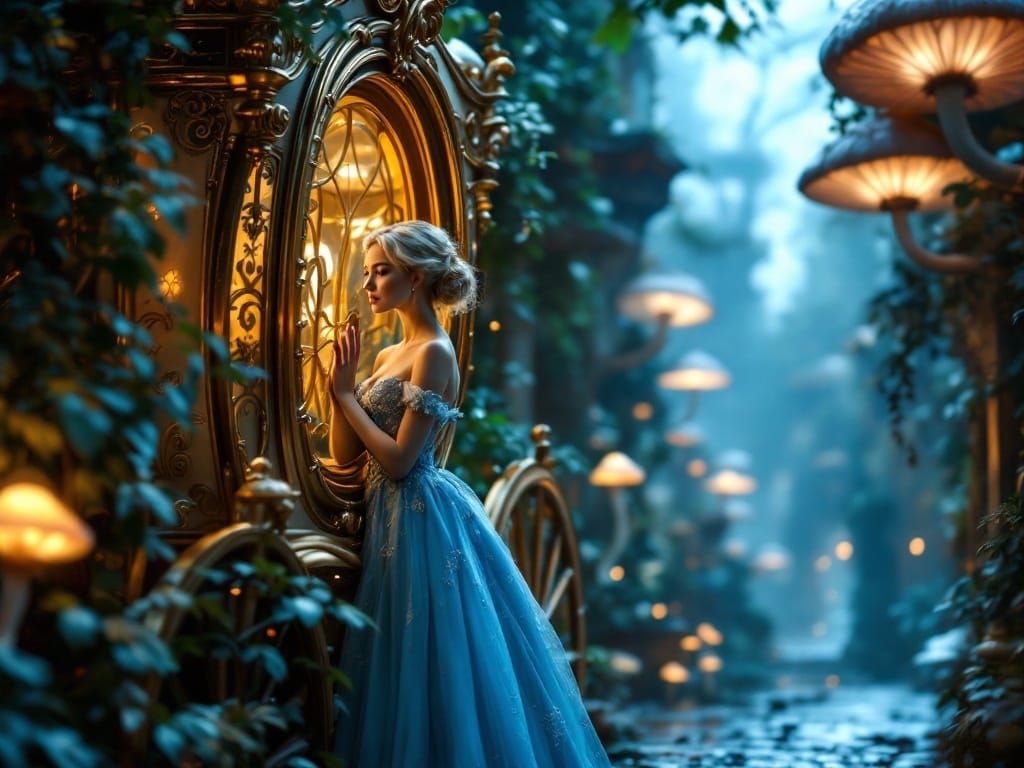 Ethereal Cinderella Leans Out of Golden Pumpkin Carriage