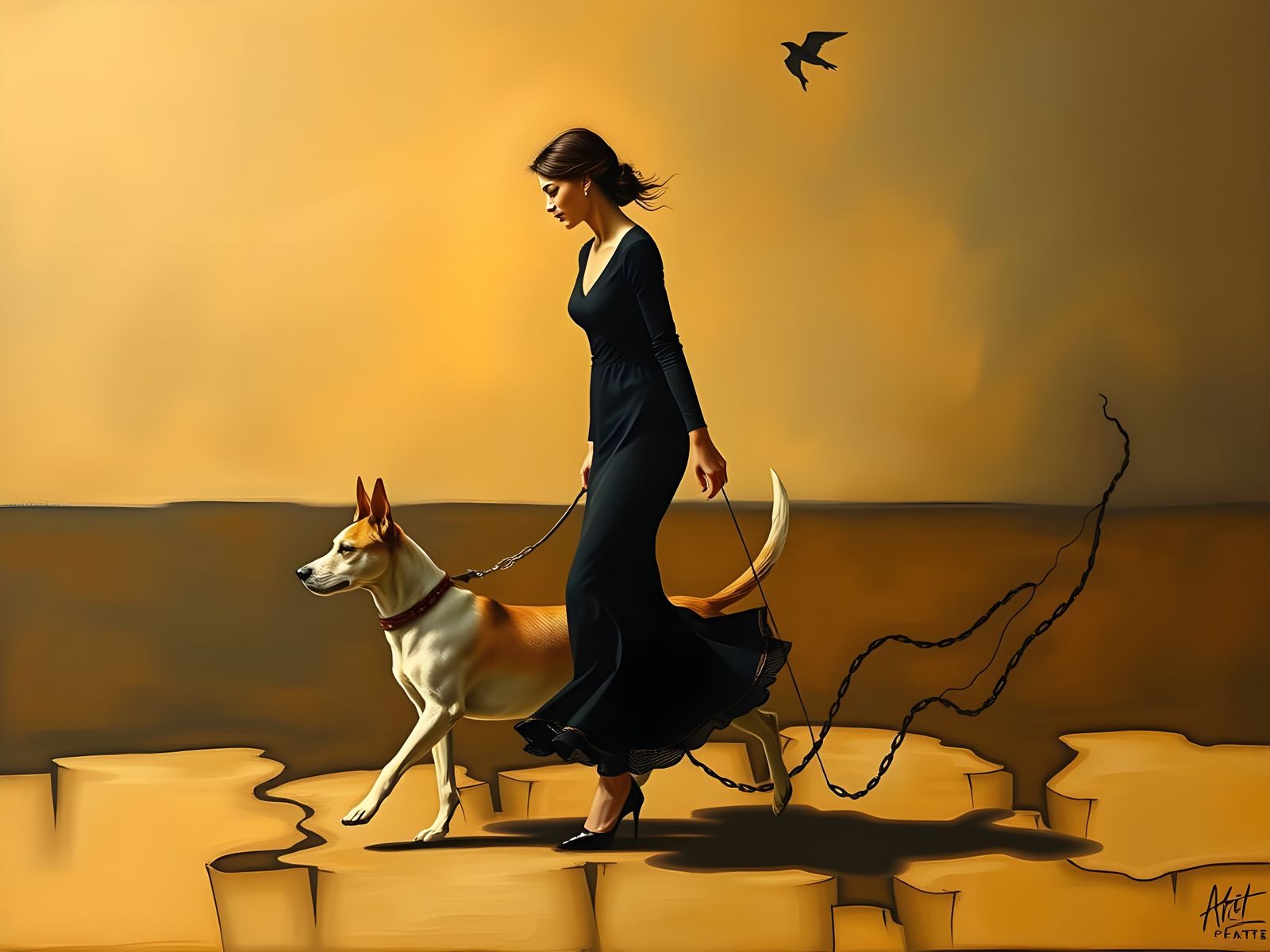 Woman and Dog in Surreal Oil Painting