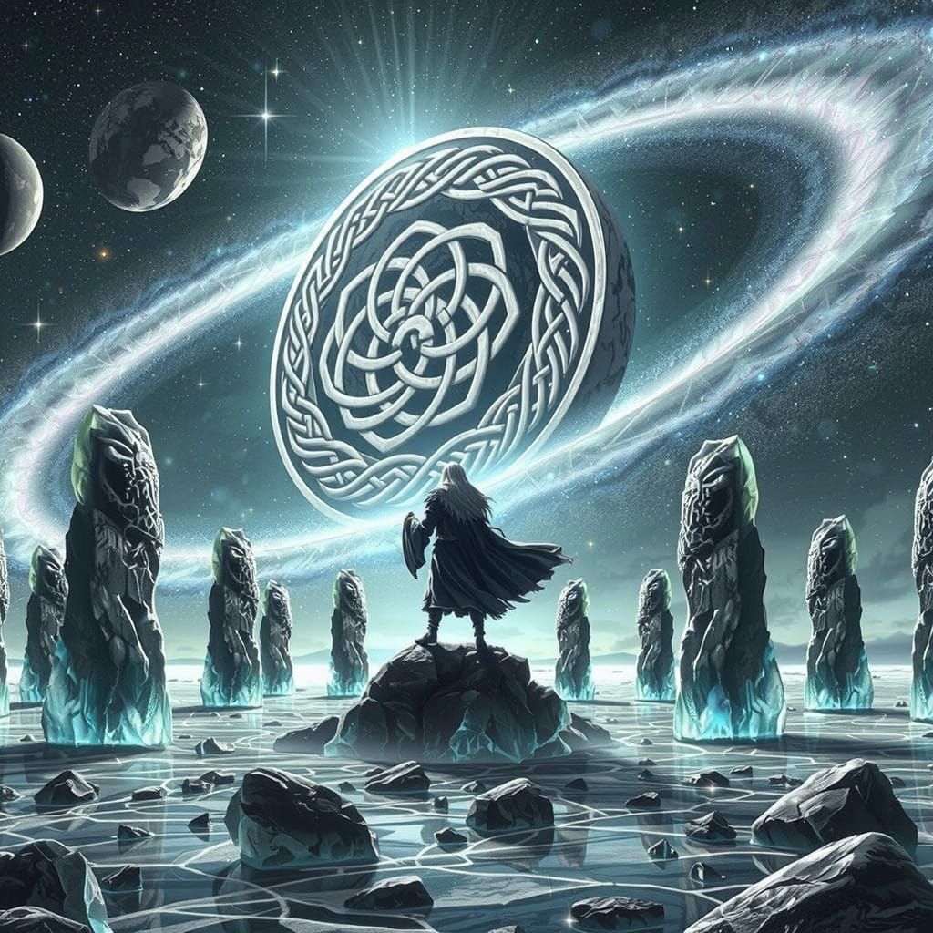 Ancient Celtic Druid Stands within Cosmic Standing Stone Cir...