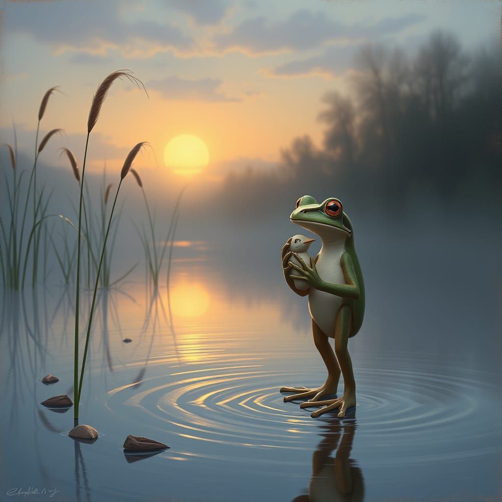Frog Sculpts Bird Statue in Marsh at Twilight