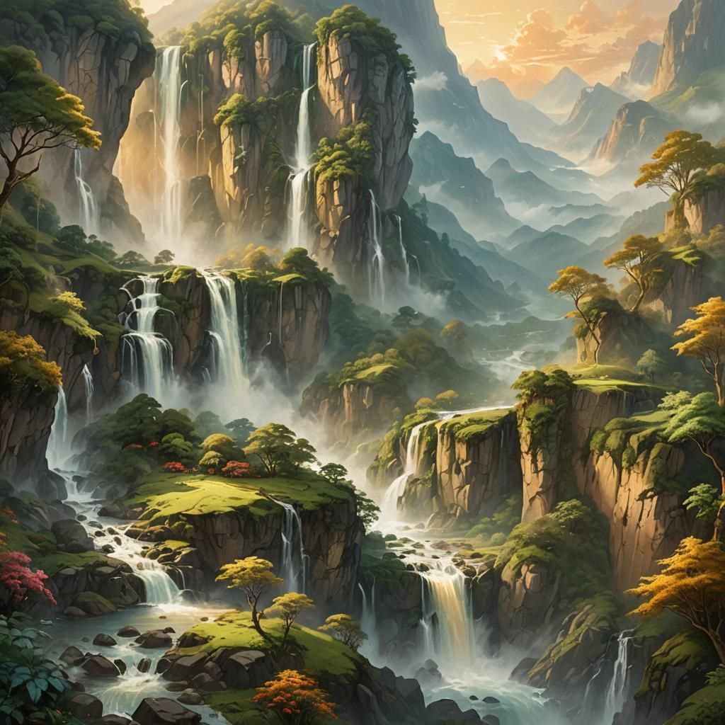 Majestic Floating Mountains with Waterfalls