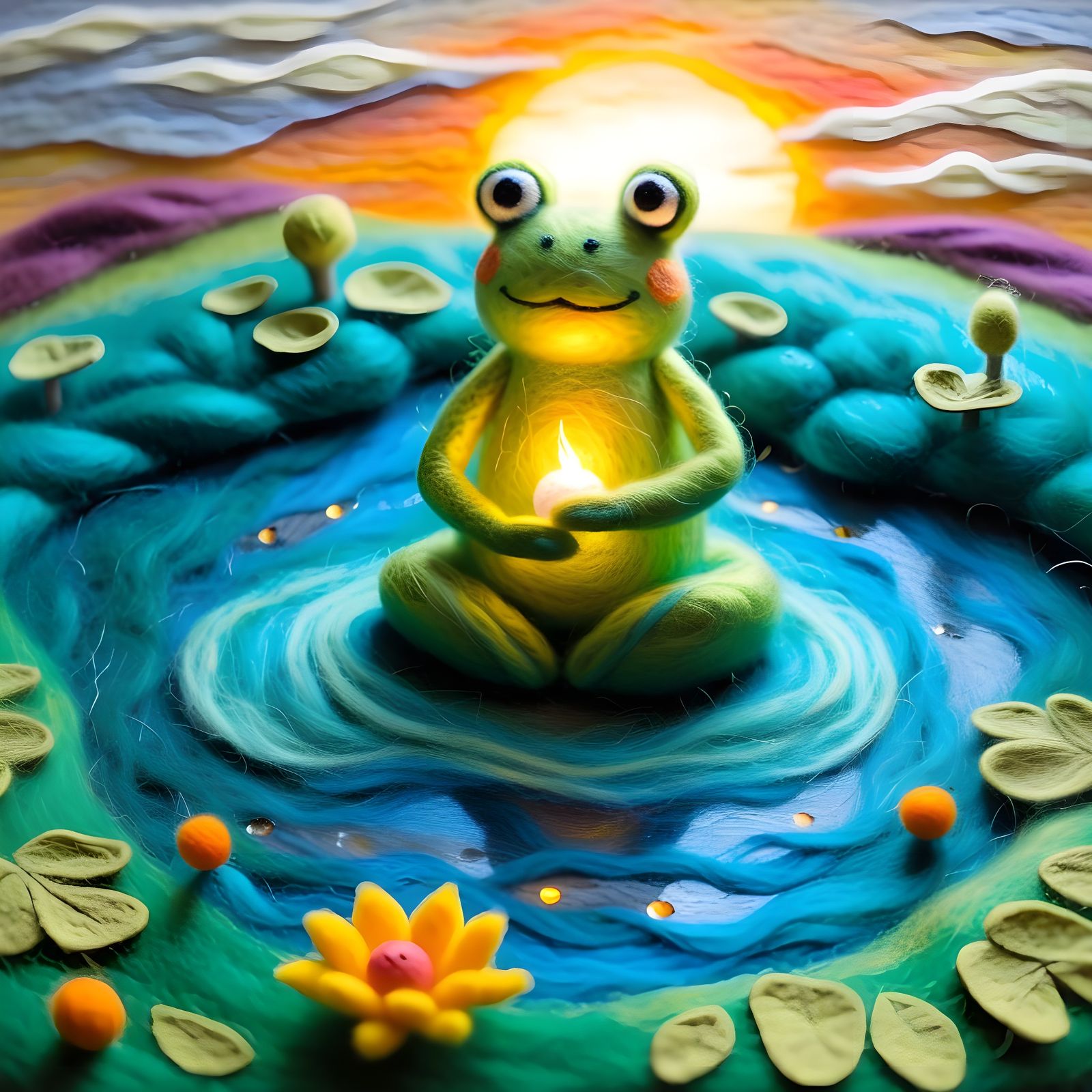 Needle-felted Woman and Frog at Sunrise