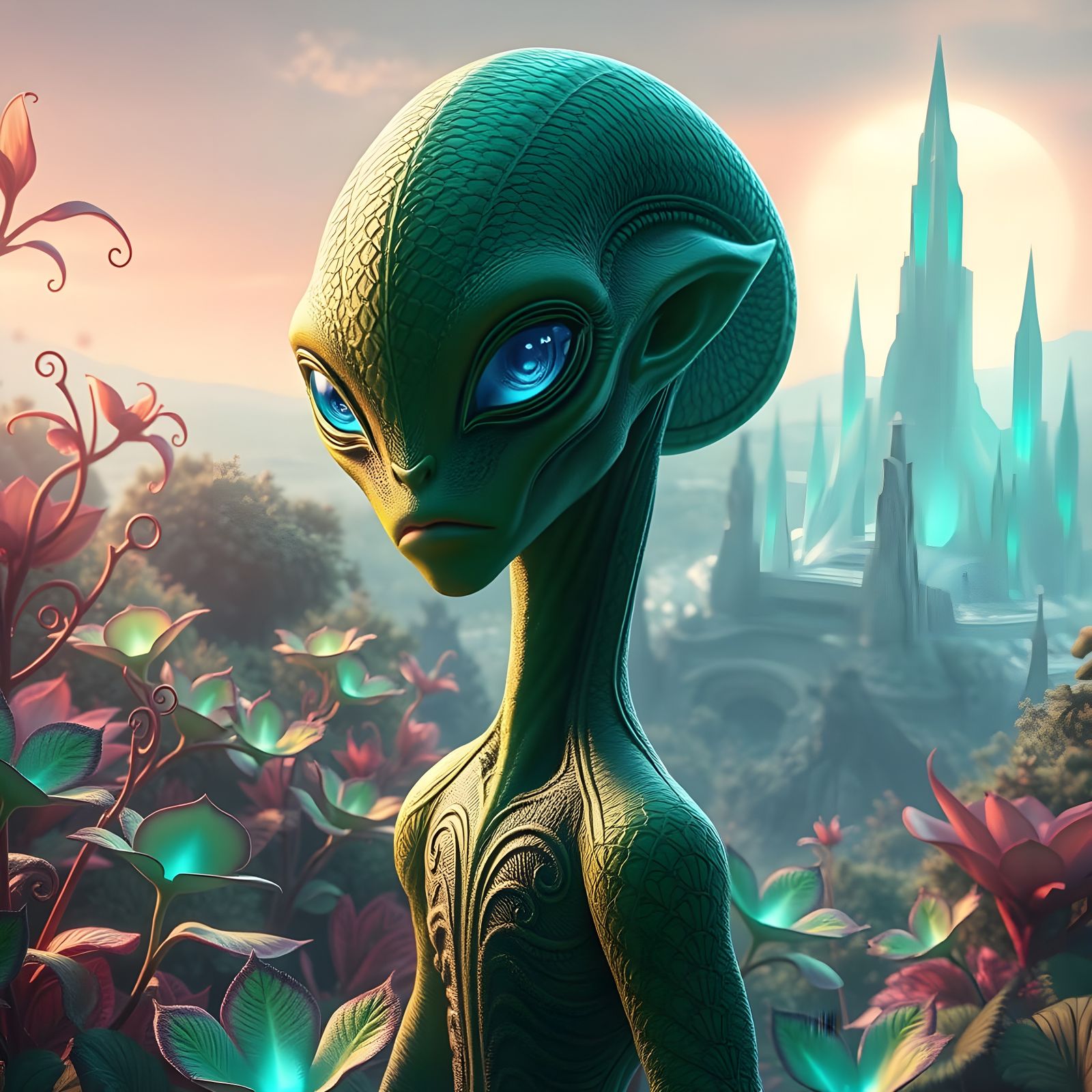 Extraterrestrial Guardian Amidst Vibrant Alien Landscape