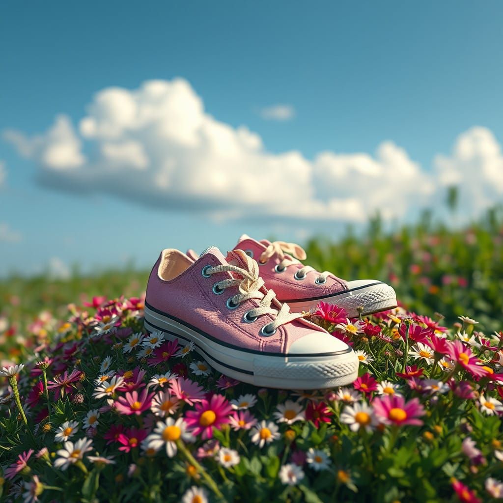 Serene Whimsy: Worn Pink Converse in Blooming Wildflowers