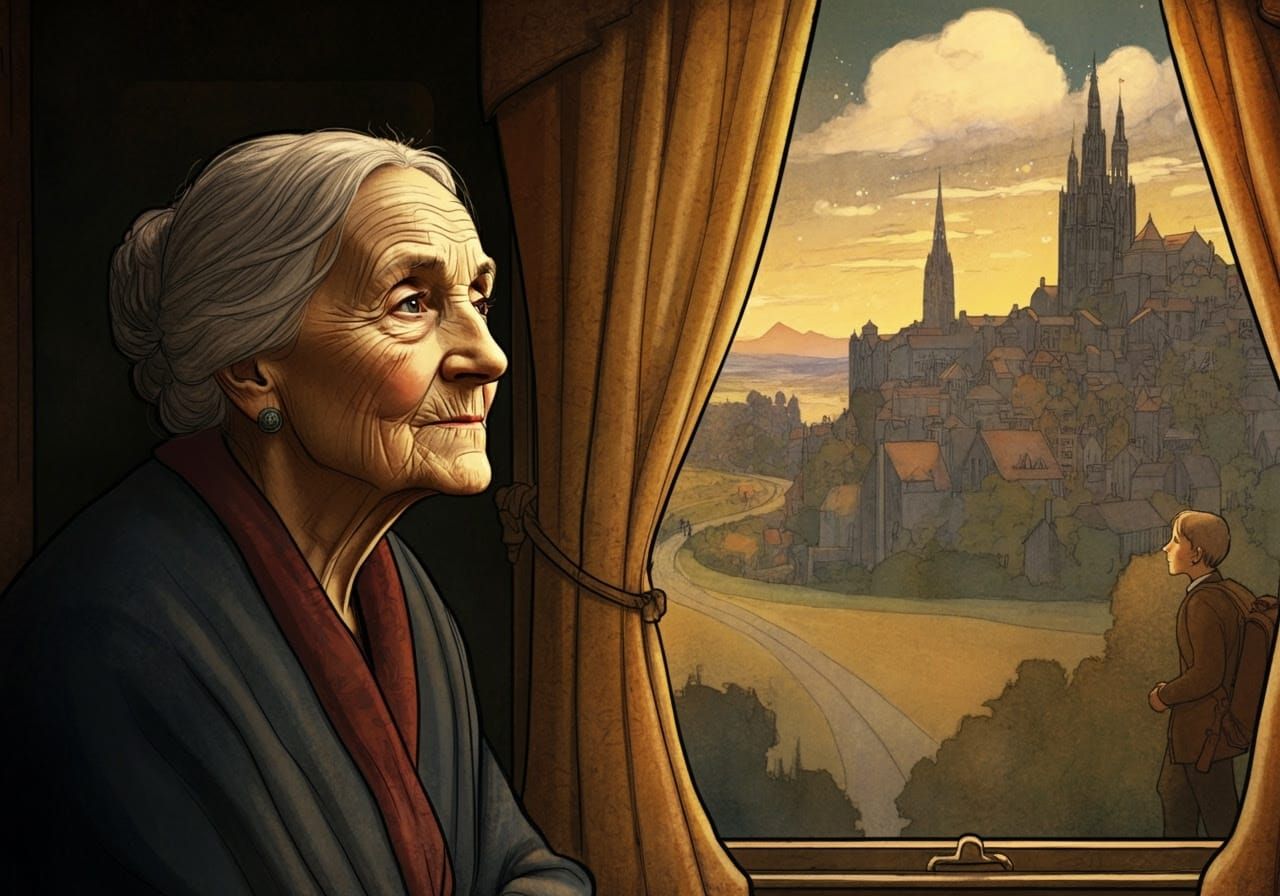 Ethereal Portrait of a Contemplative Mother, Set Against a B...