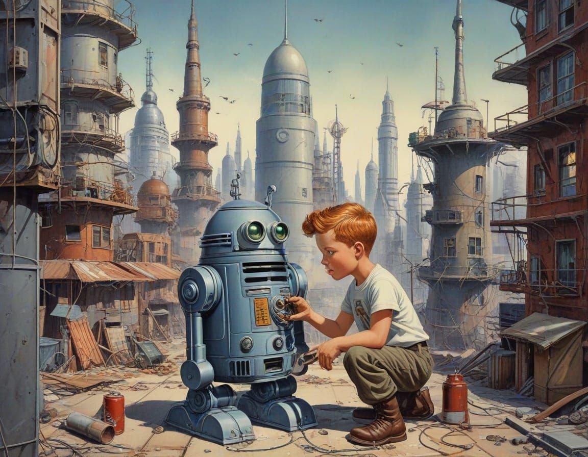 Chibi Boy and Robot in Retro-Futuristic Cityscape