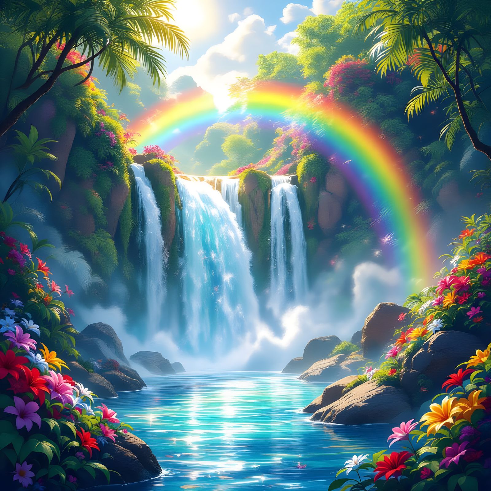 Magical Waterfall Amidst Tropical Blooms