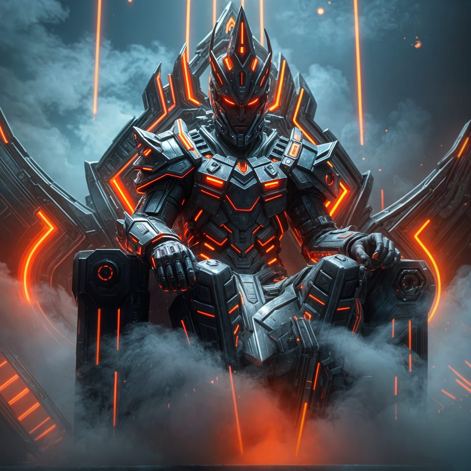 Cyberpunk Warrior King on Futuristic Throne in Neon Orange H...