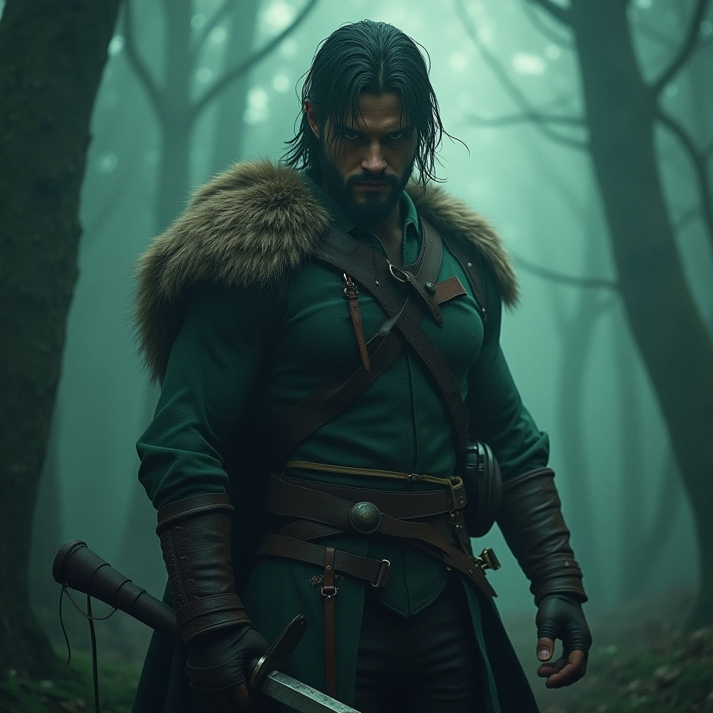 Mystical Hunter in Mist-Shrouded Forest