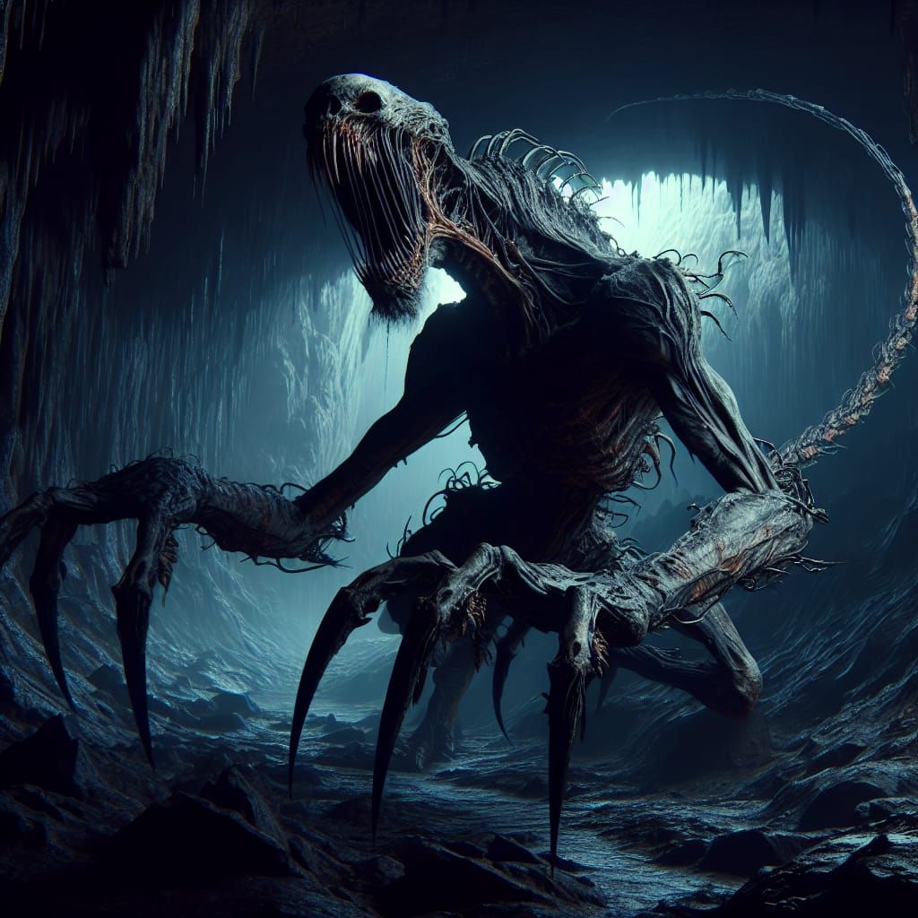 Nightmarish Serpent Monster in Dark Cave