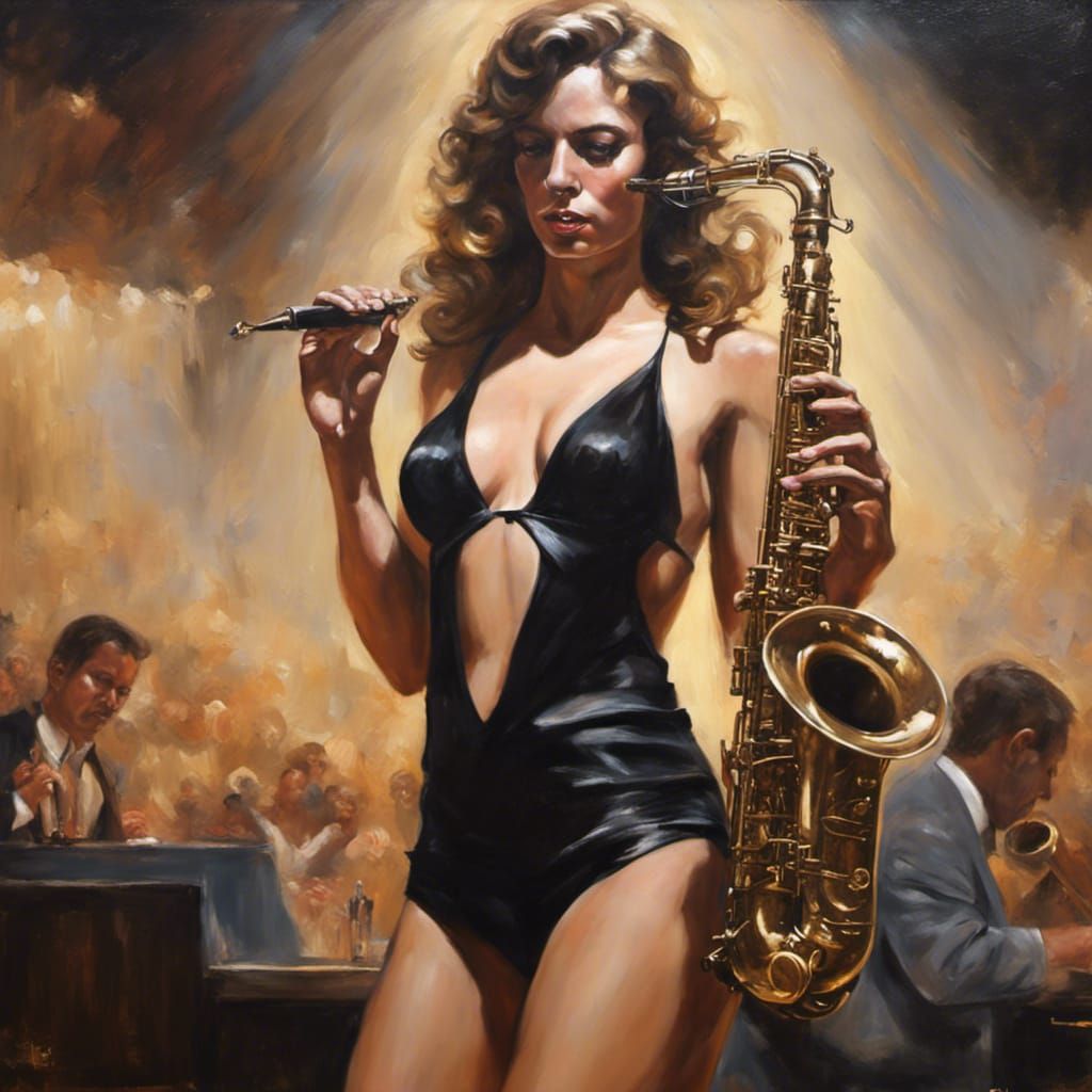 Beautiful Woman Saxophonist on Stage in Hyperrealistic Oil P...