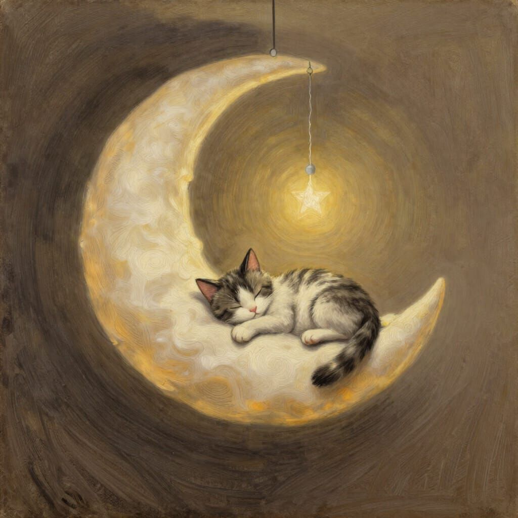Cat Sleeps on Giant Moon Mobile in Cozy Nursery