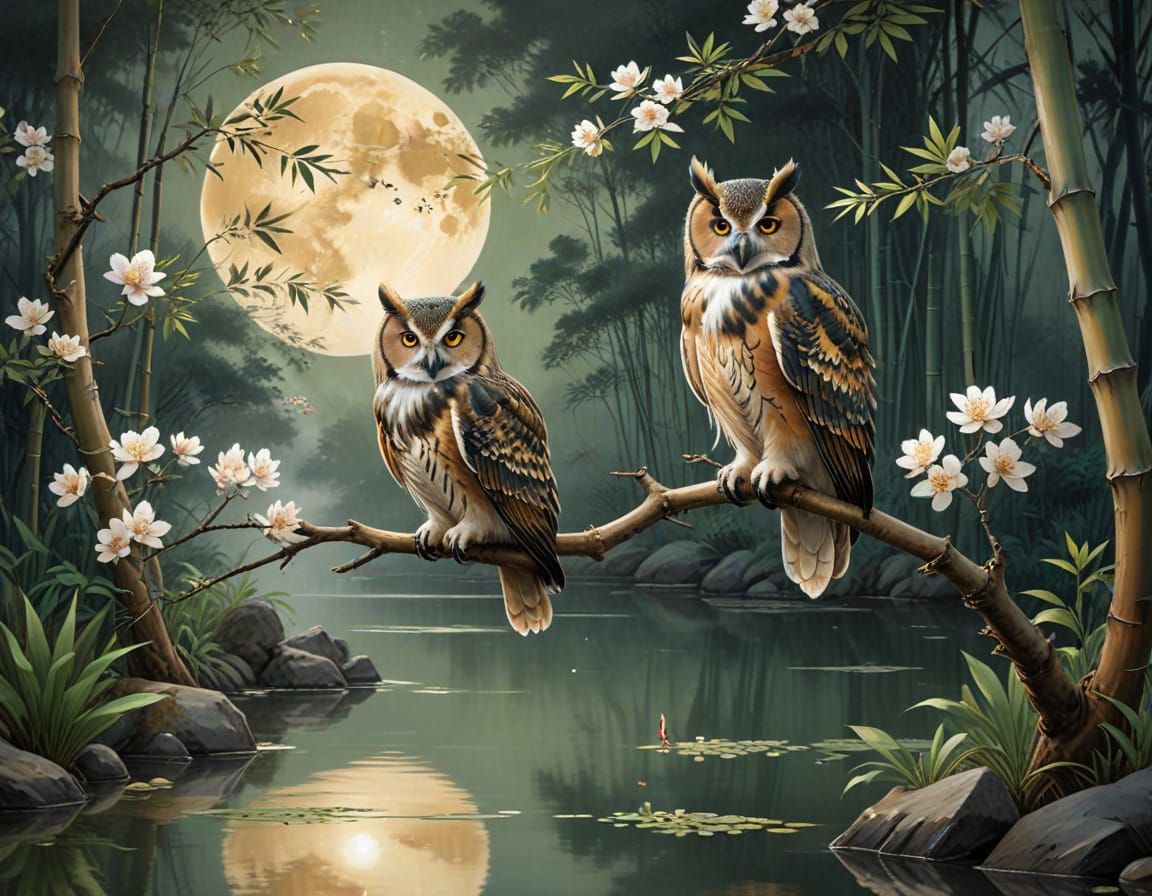 Owl in Moonlit Bamboo Forest, Chinese Ink Painting