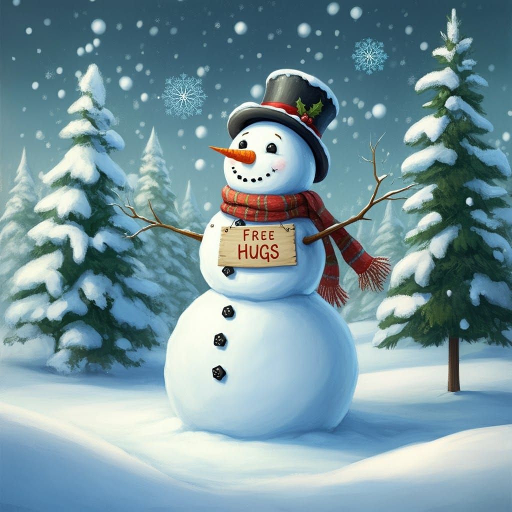 Jovial Winter Scene with Embracing Snowman and Pine Trees