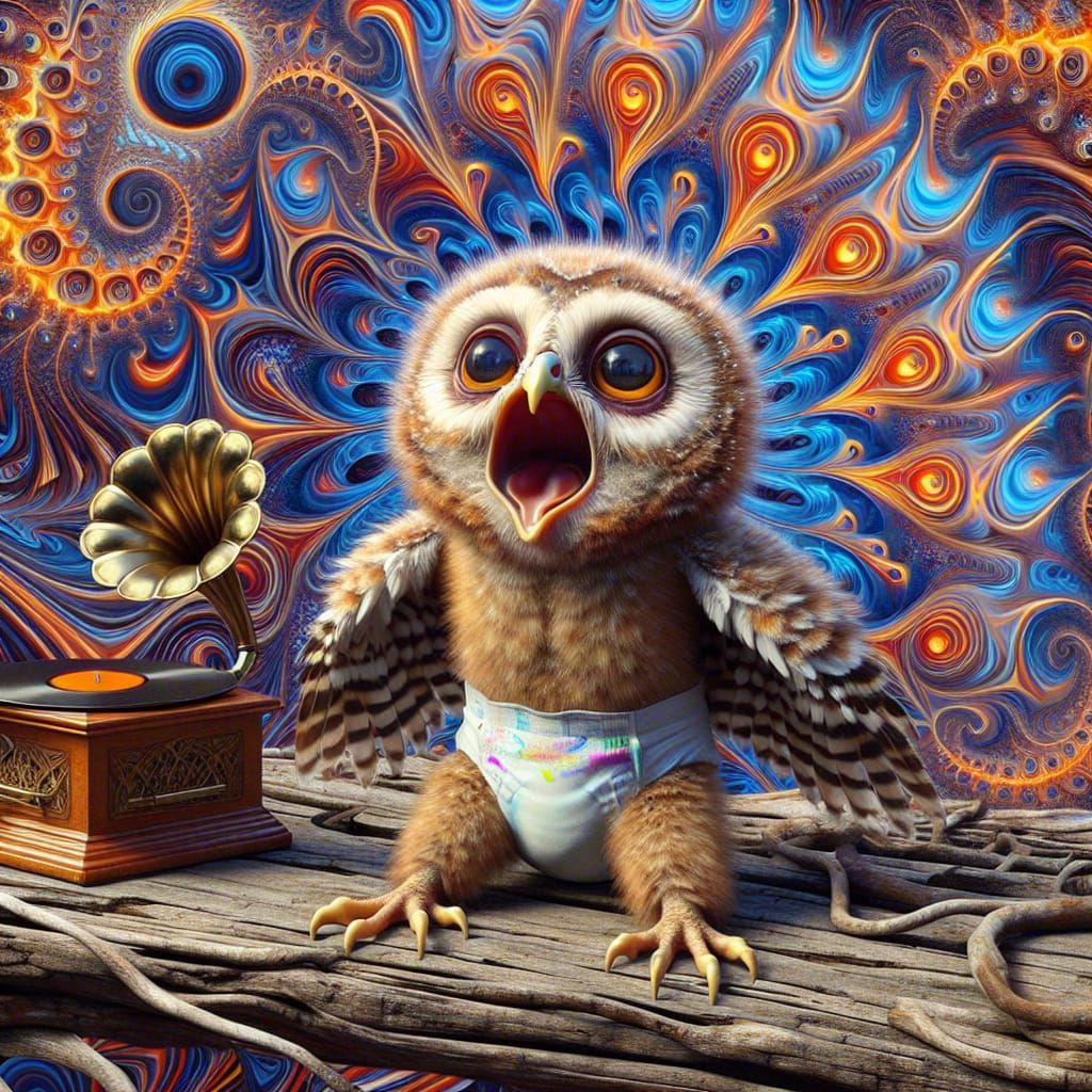 Distressed Baby Owl on Fractal Bridge, Surreal Art