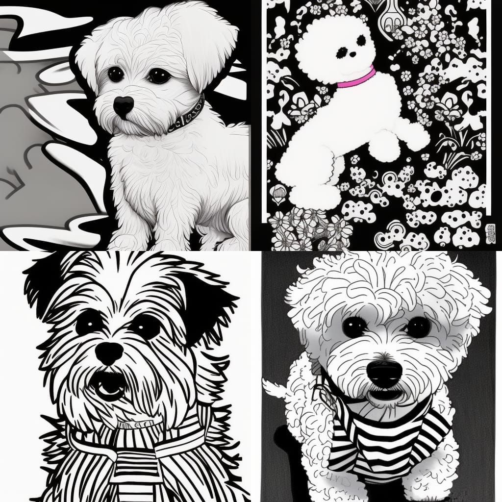 Bichon Dog in Anime Style Line Drawing