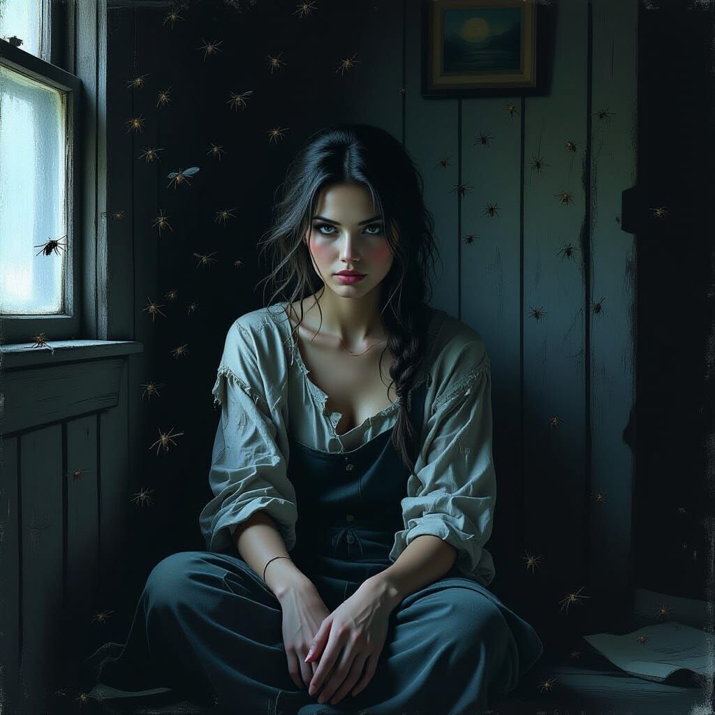 Woman in House of Flies: A Dark Fantasy Portrait