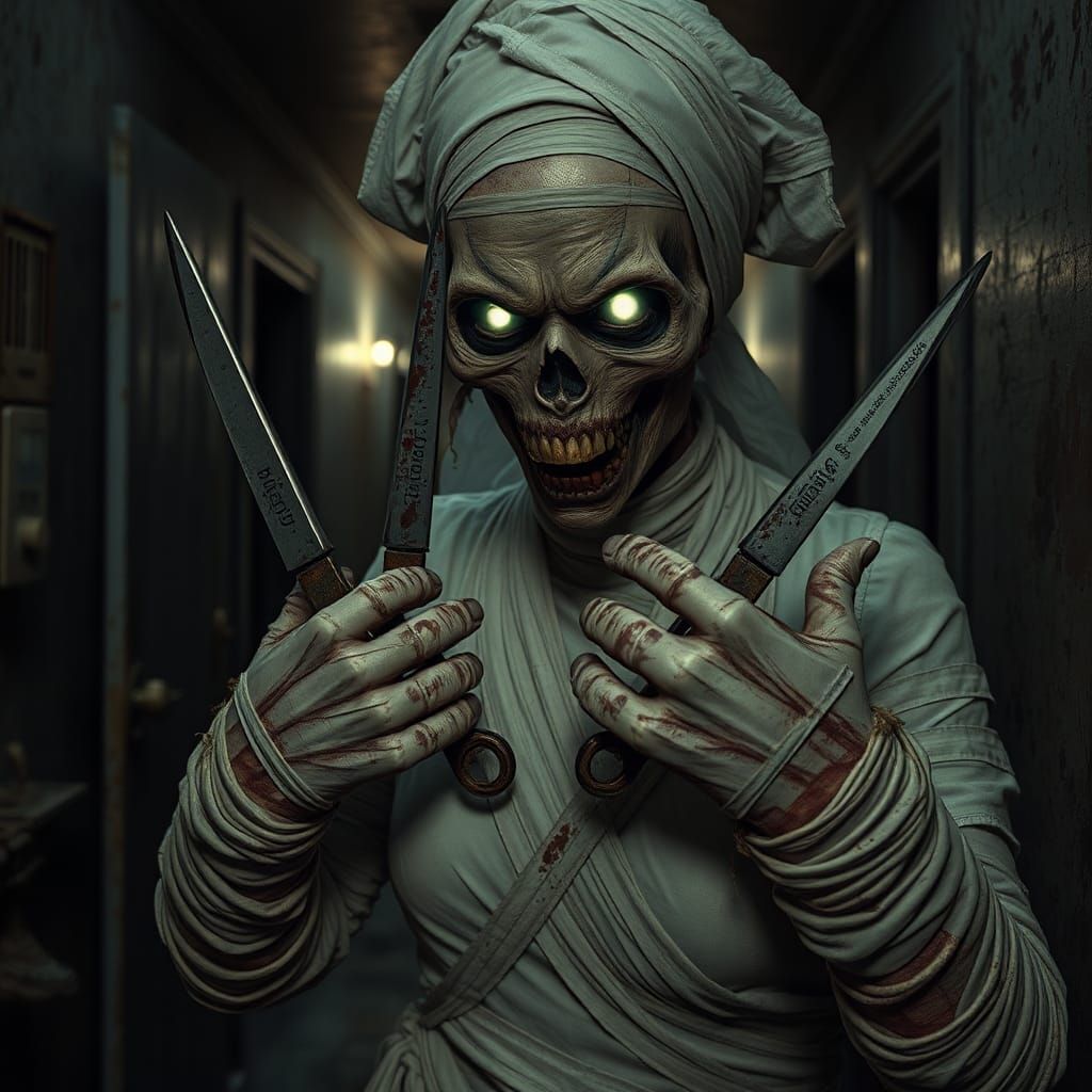 Macabre Gothic Horror Nurse in Decayed Asylum