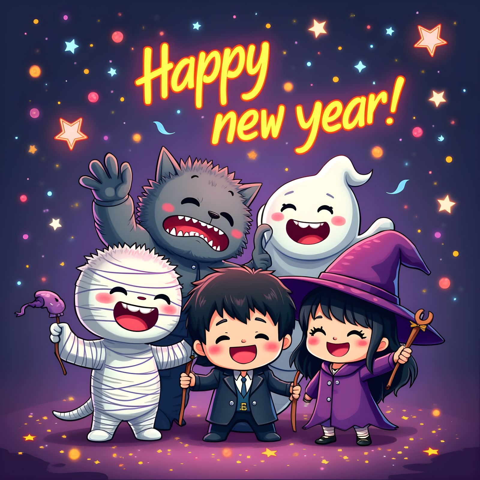 "happy new year" with the chibi monsters