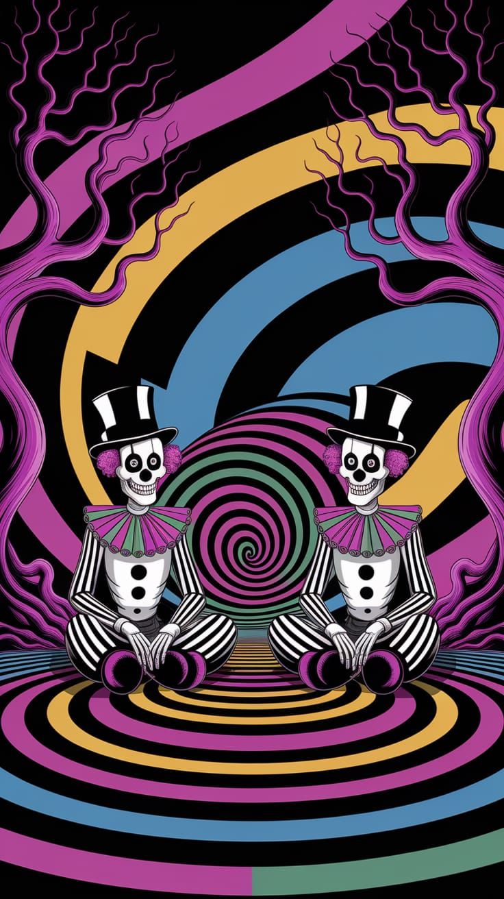 digital illustration depicts a surreal scene with a colorful...