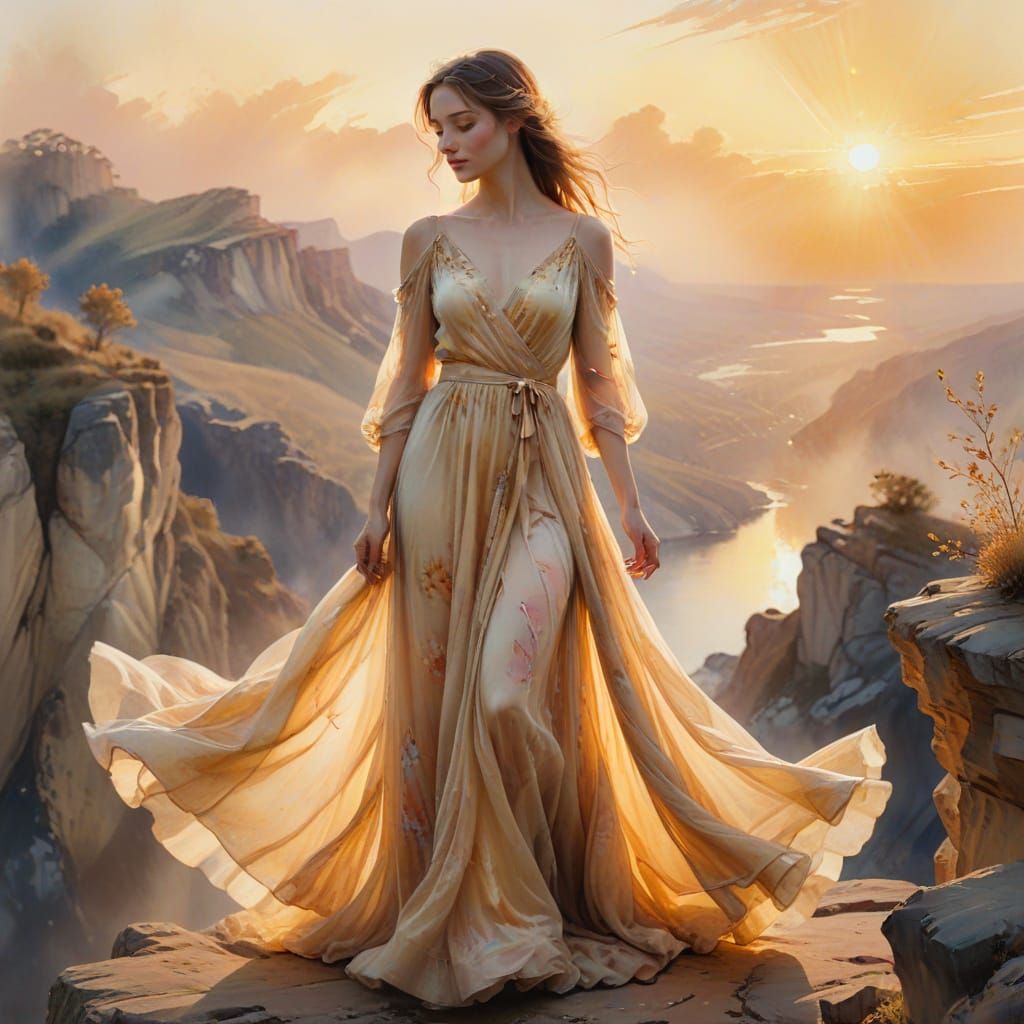 Woman on Precipice in Ethereal Watercolor