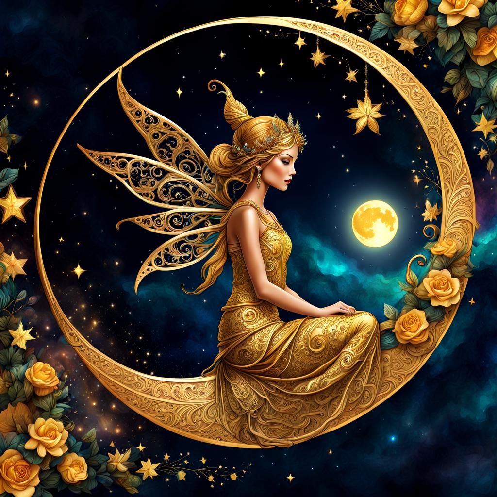 Golden Fairy on Filigree Moon in Cosmic Illustration