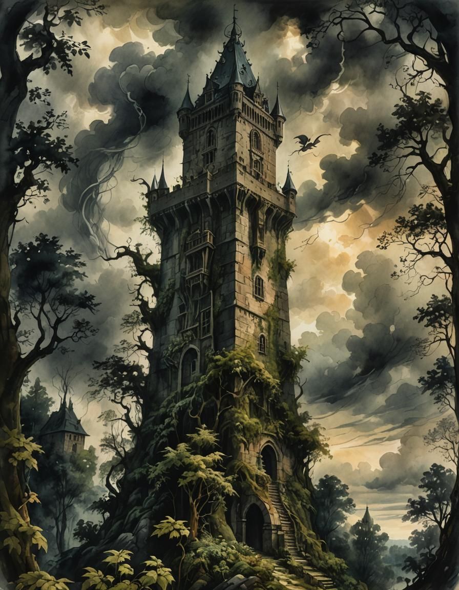 Medieval Tower and Dragon in Watercolor Style