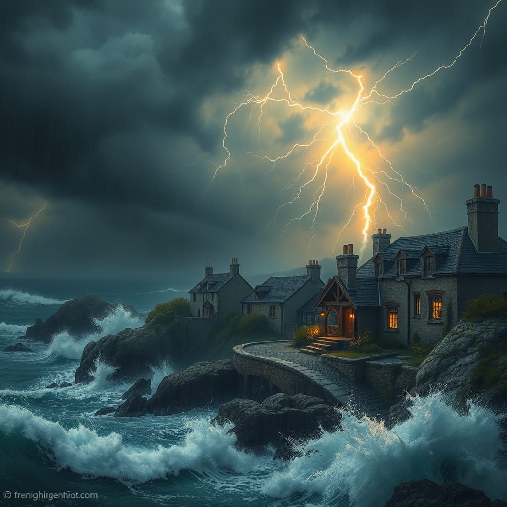 Thunderstorm Seaside Village in Cyberpunk-Inspired Matte Pai...