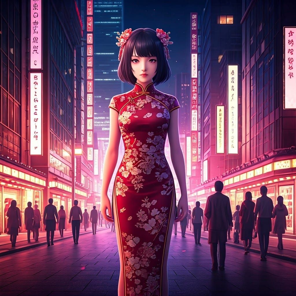 Anime Asian Woman in Urban Fantasy Landscape