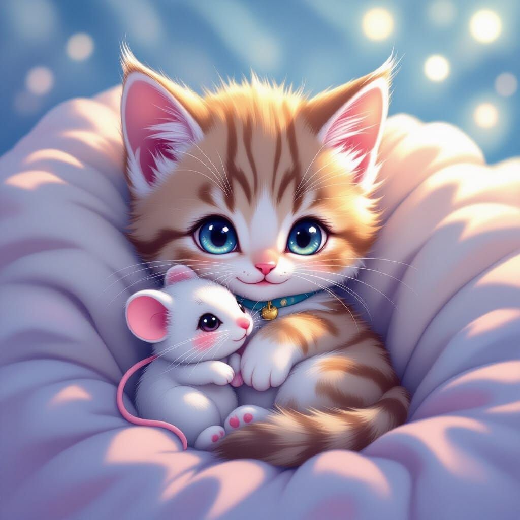 Pastel Kitten Cuddling Mouse in Anime Style