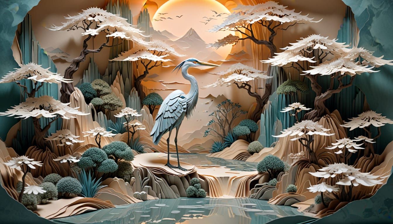 Elegant Heron in Surreal Paper Zen Garden