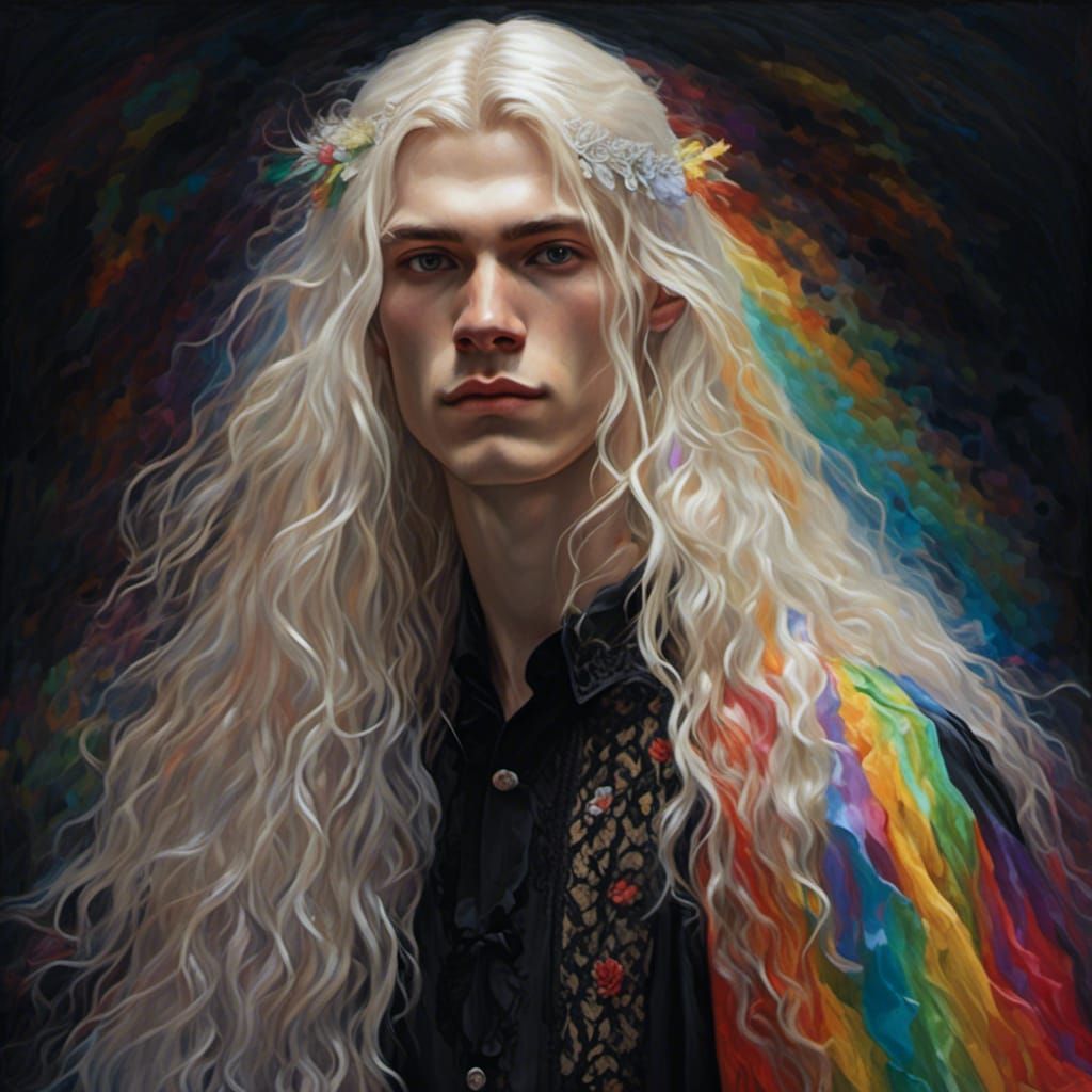 Pale Young Man in Black Lace Gown with Rainbow