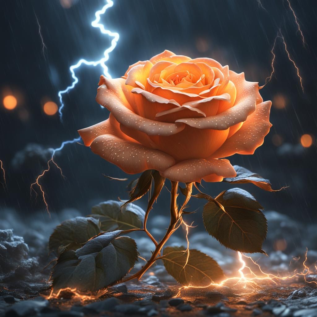 Light Orange Rose Lit by Lightning