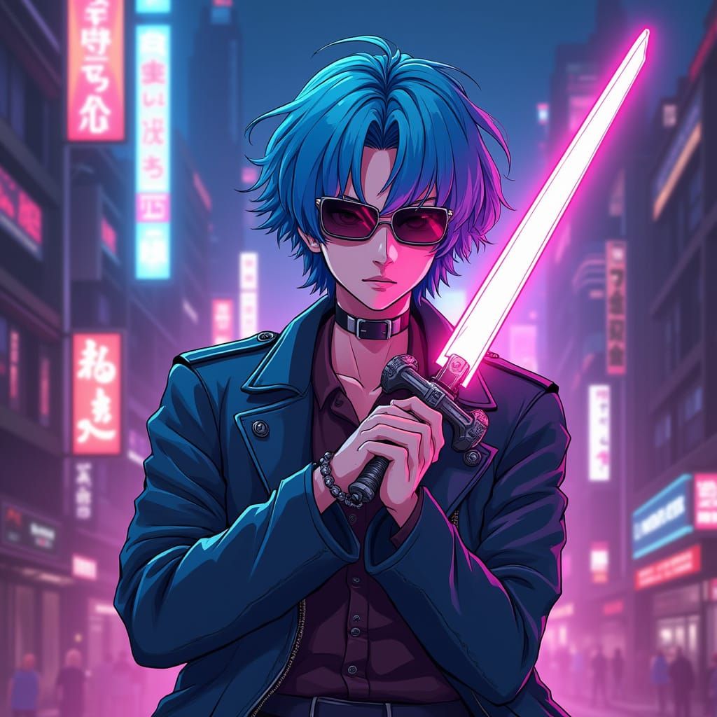 Cyberpunk Anime Hero in Neon Cityscape