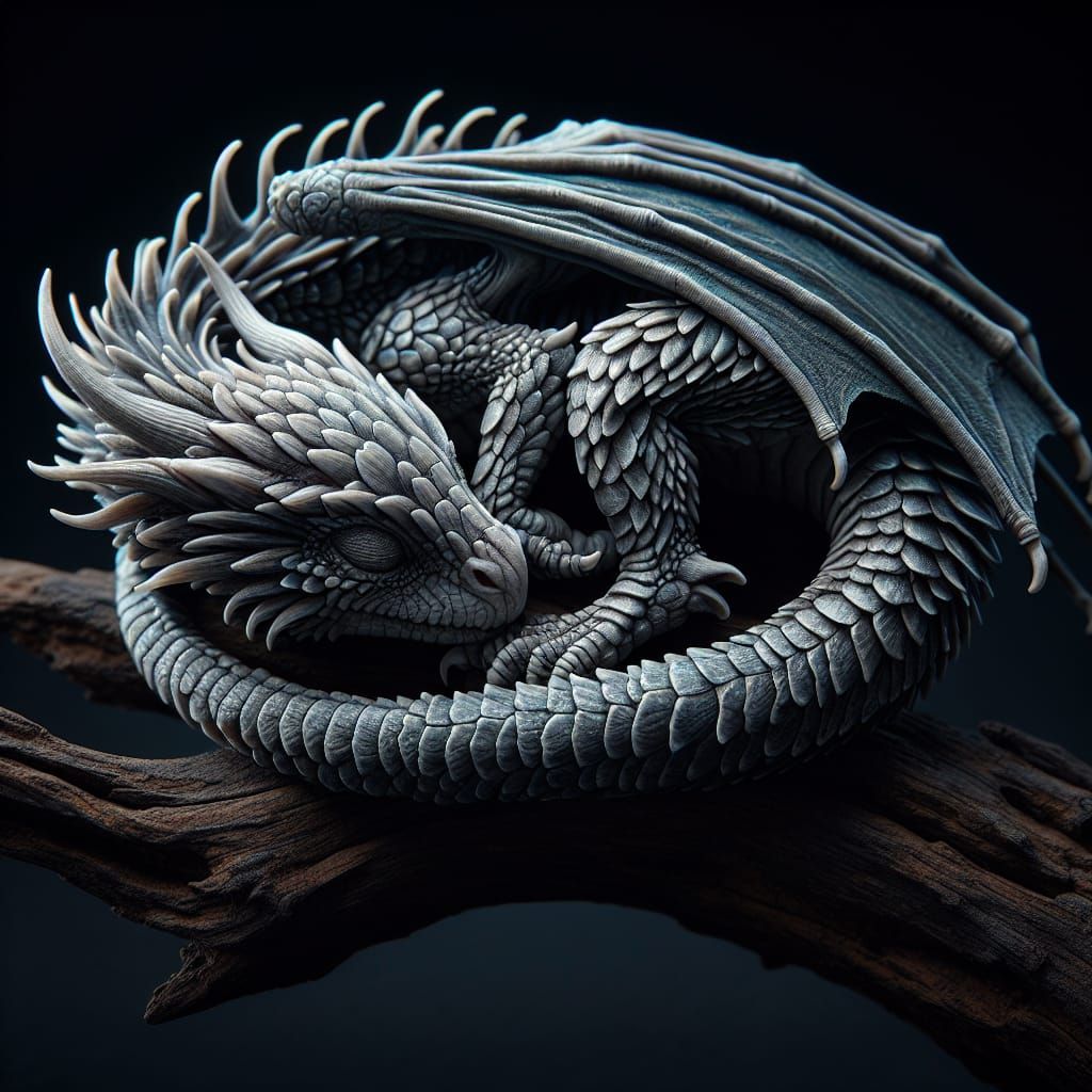 Sleeping Dragon Baby on Branch, Realistic Detail