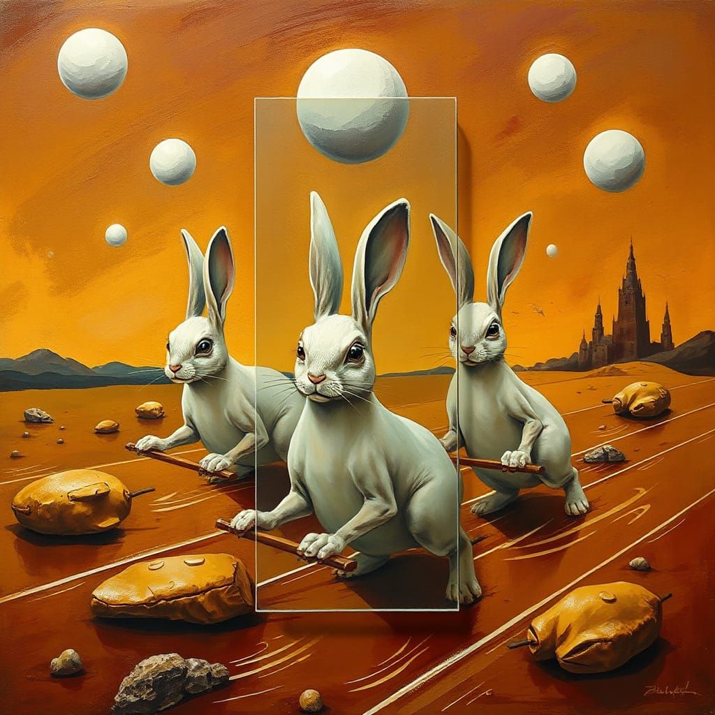 Whimsical Rabbit Racers in a Surrealist Landscape