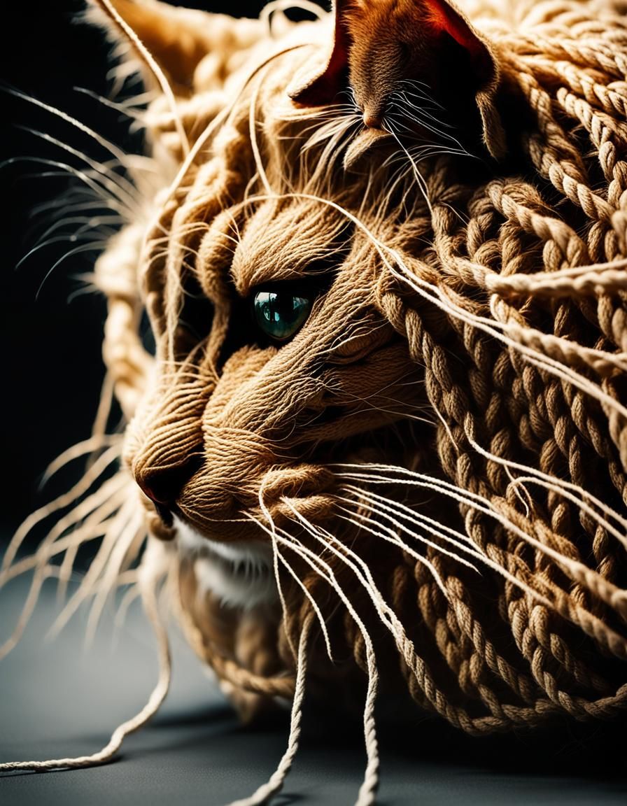 Macrame Cat Pouncing: Hyperrealistic Feline Portrait