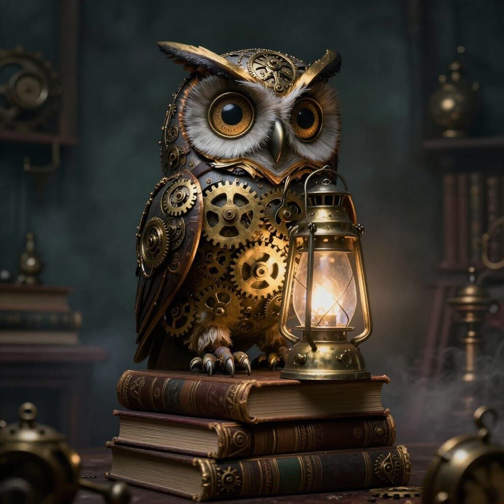 Clockwork Owl on Books in Steampunk Style