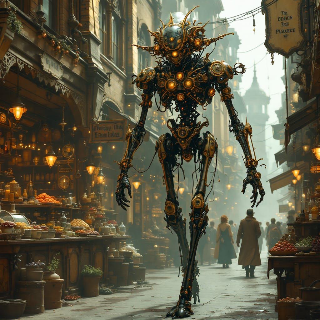 Clockwork Alien Strides Through Victorian Market