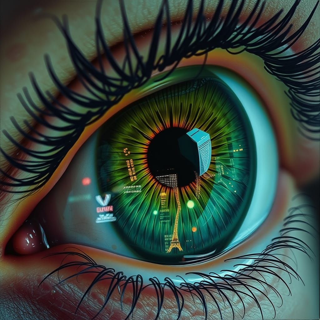 macro view of a green iris inside the eye, with reflection o...