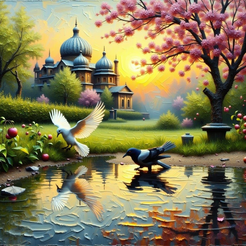 Peaceful Dove and Raven in Impasto Style