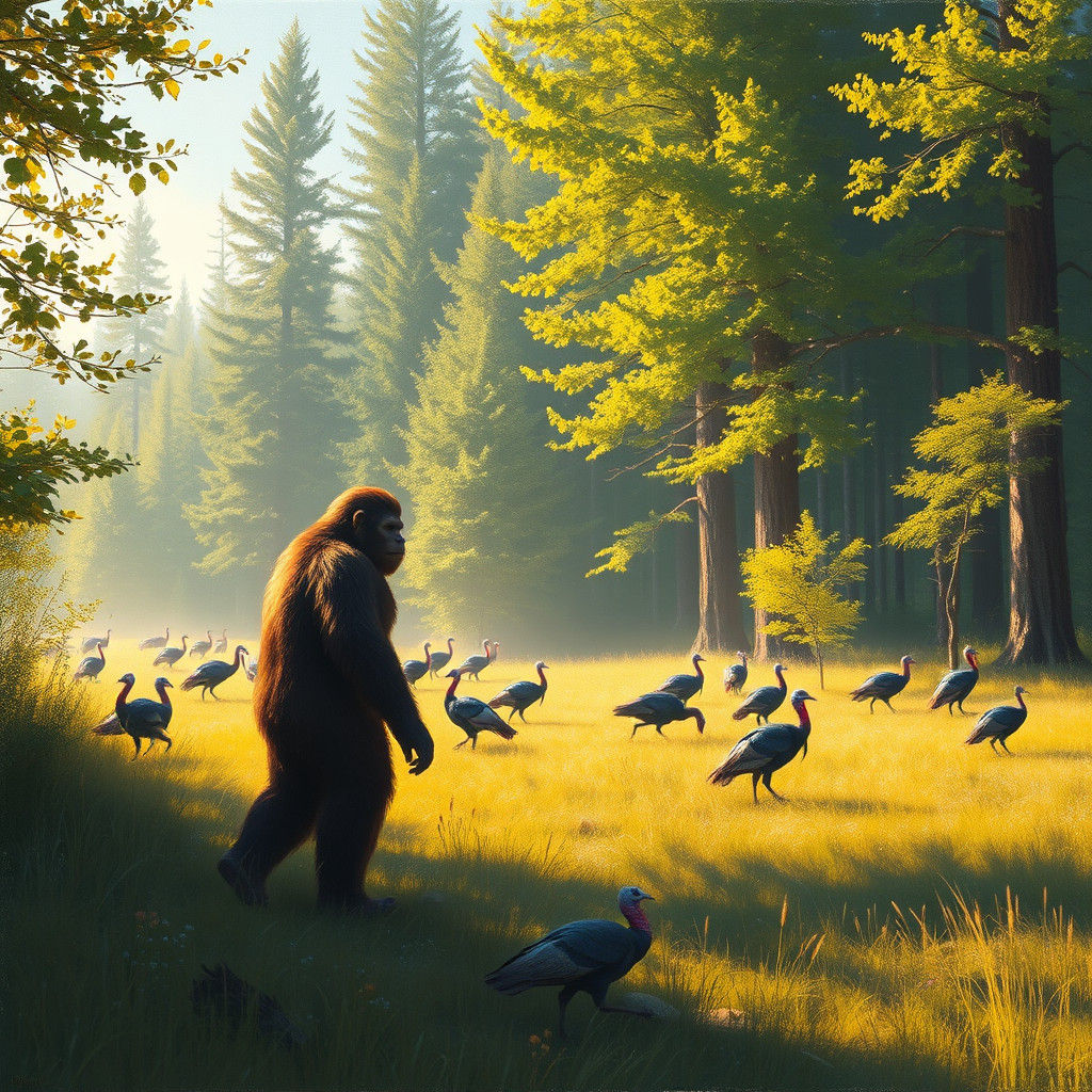 Bigfoot in Forest Meadow, Dinotopia Style Oil Painting